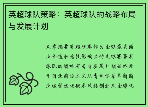 英超球队策略：英超球队的战略布局与发展计划
